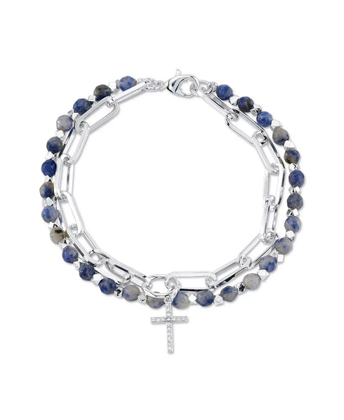 UNWRITTEN Genuine Sodalite Stone Strand Plated Silver Crystal Cross Bracelet